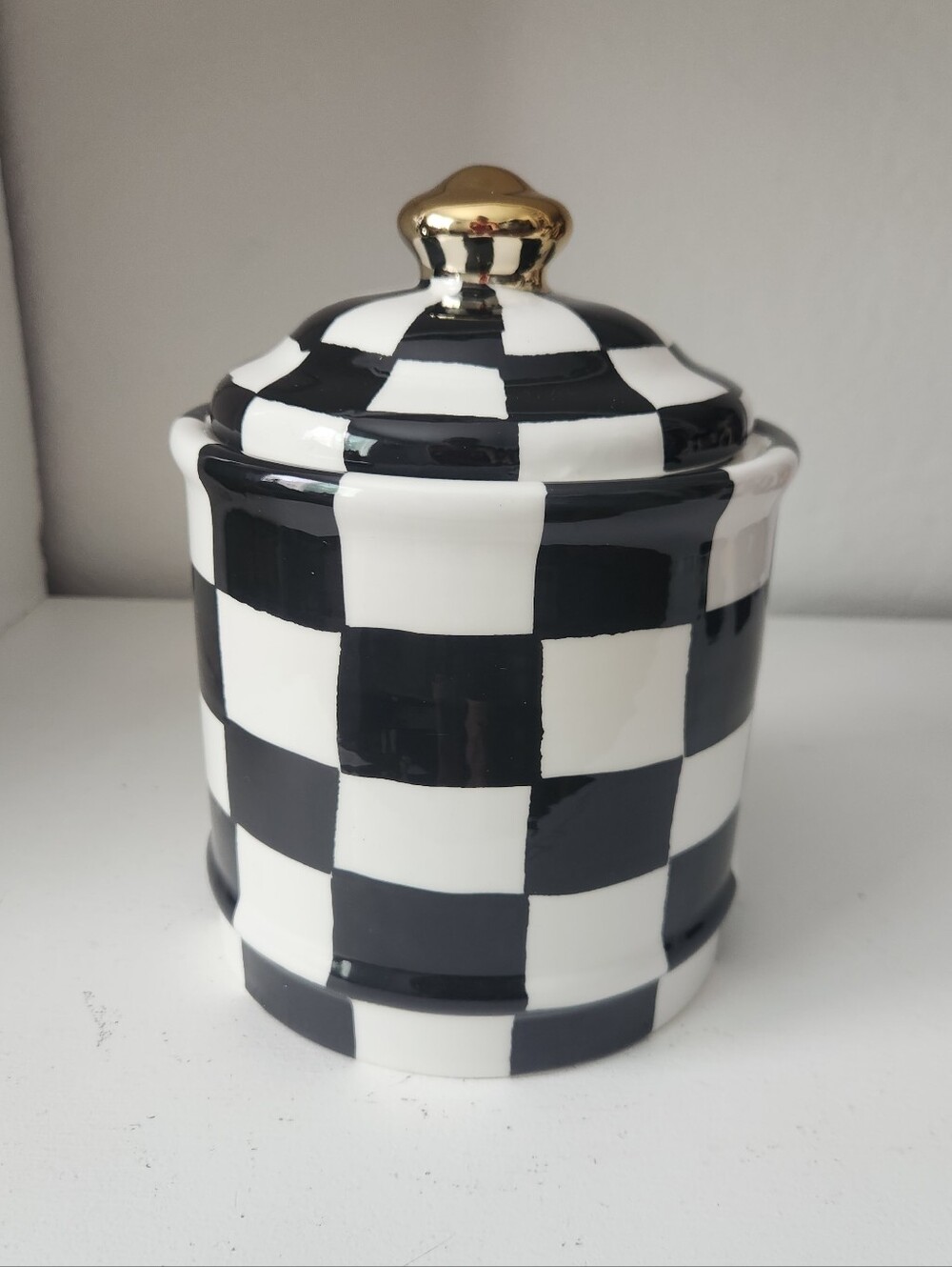 Black & White Check Ceramic Canister with Gold Knob